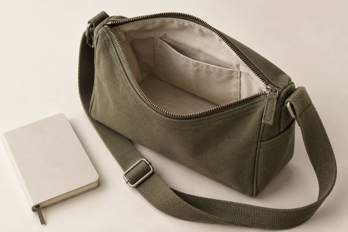 Illustrative bag opening, lining pocket and strap detail
