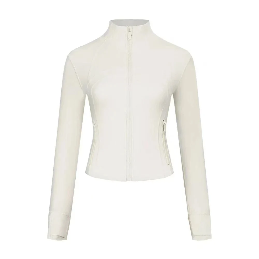 Ivory cropped zip jacket with a fitted waist and stand collar